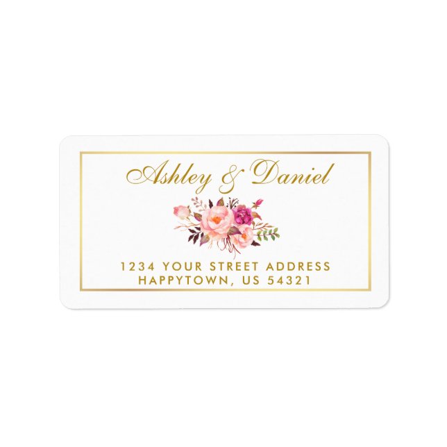 Watercolor Floral Pink Blush Gold Wedding Label (Front)