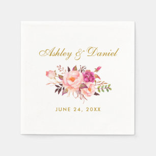 Watercolor Floral Pink Blush Gold Wedding Napkin