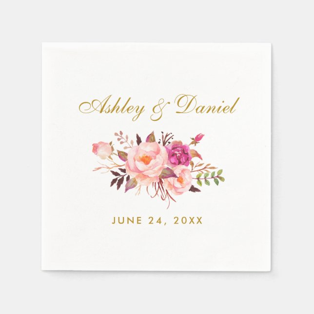 Watercolor Floral Pink Blush Gold Wedding Napkin (Front)