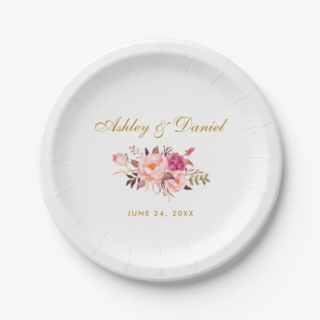 Watercolor Floral Pink Blush Gold Wedding Paper Plate (Front)