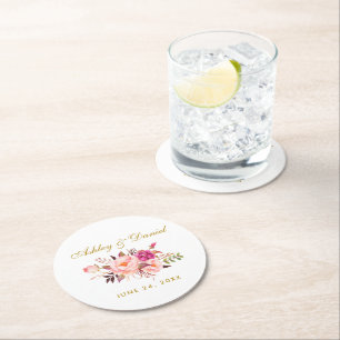 Watercolor Floral Pink Blush Gold Wedding Round Paper Coaster