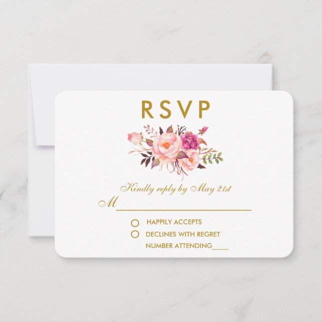 Watercolor Floral Pink Blush Gold Wedding RSVP (Front)