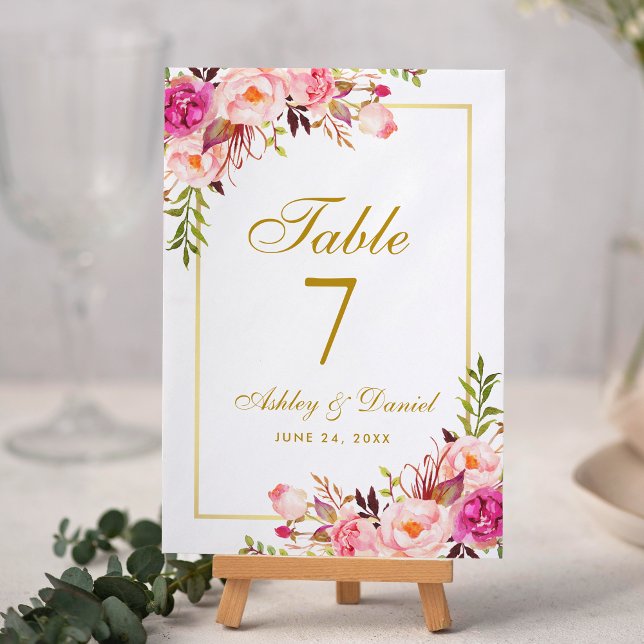 Watercolor Floral Pink Blush Gold Wedding Table Number (Pink Floral and Gold Table Number Card.)