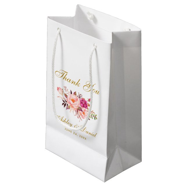 Watercolor Floral Pink Blush Gold Wedding Thanks Small Gift Bag (Front Angled)