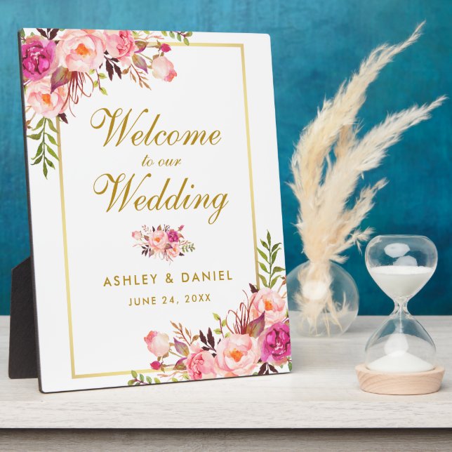 Watercolor Floral Pink Blush Gold Wedding Welcome Plaque (Side)