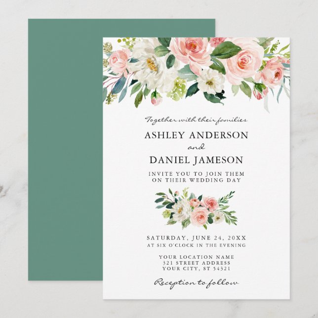 Watercolor Floral Pink Blush Greenery Wedding Invitation (Front/Back)