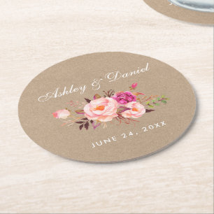 Watercolor Floral Pink Blush Kraft Wedding Round Paper Coaster