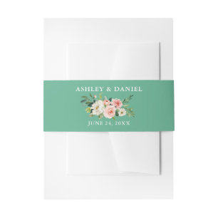 Watercolor Floral Pink Blush Neo Mint Wedding Invitation Belly Band