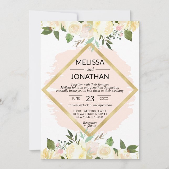 Watercolor Floral Pink Blush Pink Gold Wedding Invitation (Front)