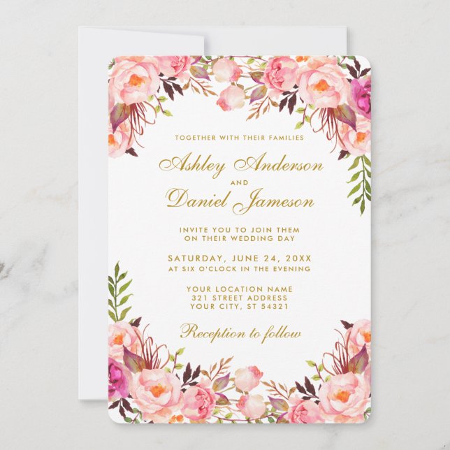 Watercolor Floral Pink Blush Wedding Gold Invitation (Front)