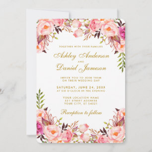 Watercolor Floral Pink Blush Wedding Gold Invitation