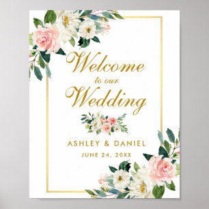 Watercolor Floral Pink Blush Wedding Gold Welcome Poster