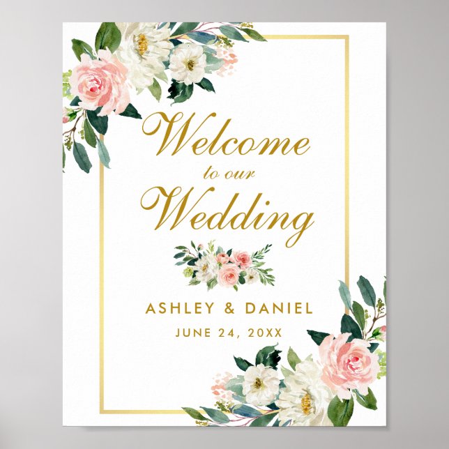 Watercolor Floral Pink Blush Wedding Gold Welcome Poster (Front)