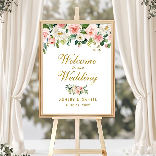 Watercolor Floral Pink Blush Wedding Welcome Gold Poster (Customize to change text color, text size, text style or size of poster.)