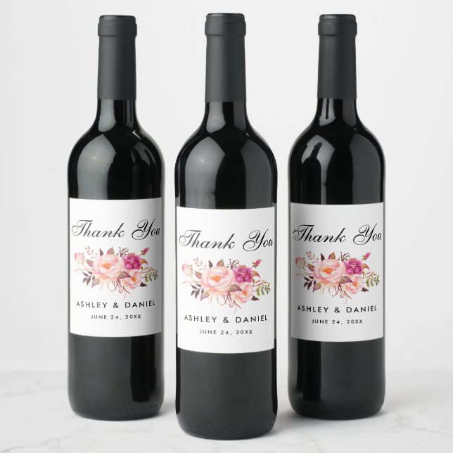 Watercolor Floral Pink Blush Wedding Wine Label (Bottles)