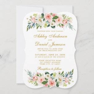 Watercolor Floral Pink Blush White Gold Wedding BG Invitation