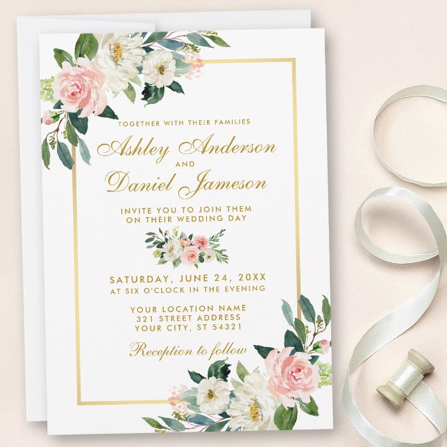 Watercolor Floral Pink Blush White Gold Wedding Invitation (Customize to change text size, style or text color.)