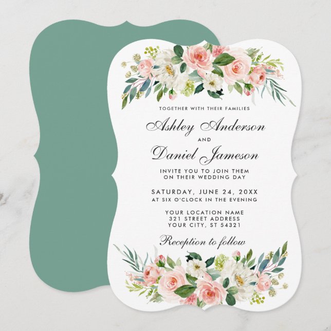 Watercolor Floral Pink Blush White Wedding GBB Invitation (Front/Back)