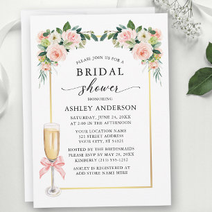 Watercolor Floral Pink Bow Bridal Shower Invitation