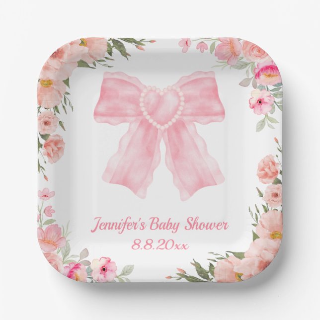 watercolor floral pink bow girl baby shower modern paper plate (Front)