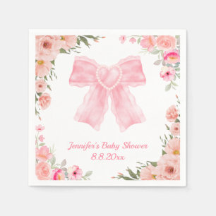 watercolor floral pink bow girl baby shower napkin