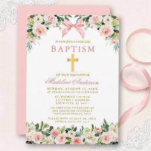 Watercolor Floral Pink Bow Gold Baptism Invitation
