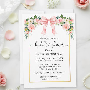 Watercolor Floral Pink Bow Heart Bridal Shower  Invitation