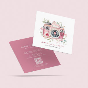 Watercolor Floral Pink Camera Photographer QR Code Square Business Card