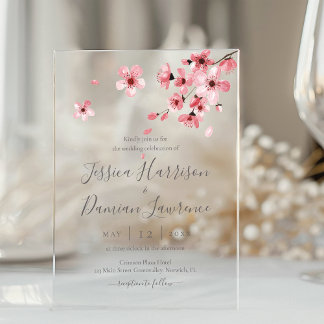 Watercolor Floral Pink Cherry Blossom Wedding Acrylic Invitations
