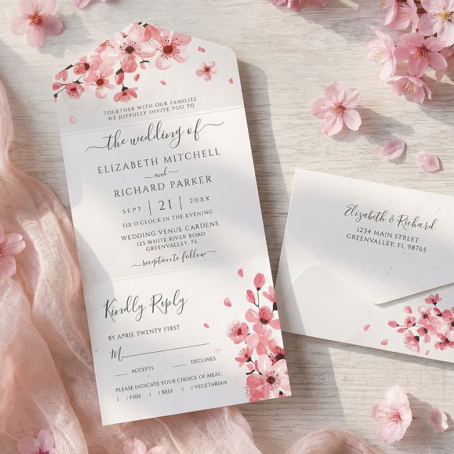 Watercolor Floral Pink Cherry Blossom Wedding All In One Invitation (Creator Uploaded)