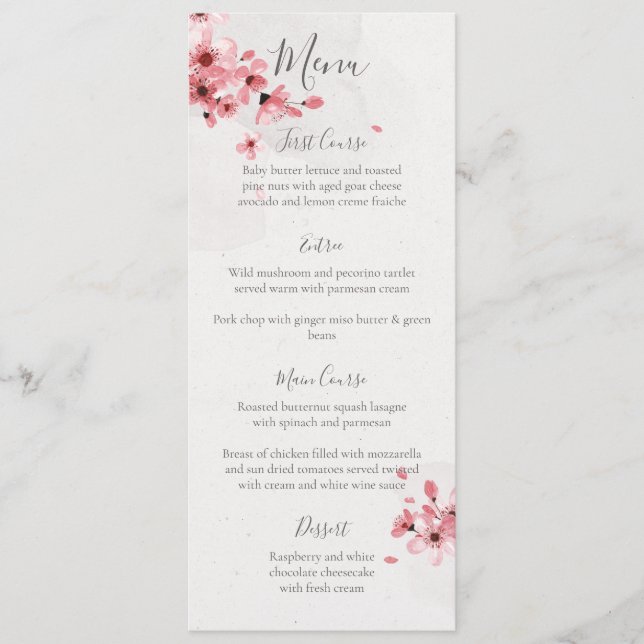Watercolor Floral Pink Cherry Blossom Wedding Menu (Front)