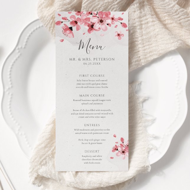 Watercolor Floral Pink Cherry Blossom Wedding Menu (Creator Uploaded)