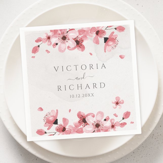 Watercolor Floral Pink Cherry Blossom Wedding Napkin (Creator Uploaded)