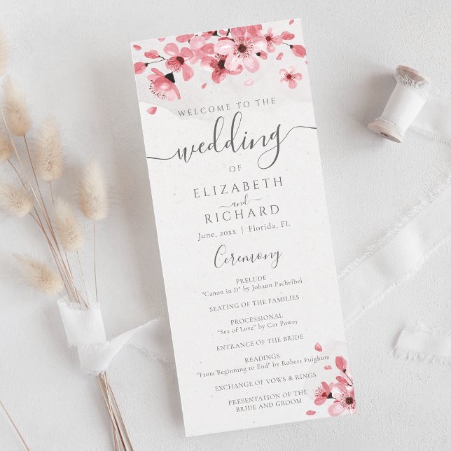 Watercolor Floral Pink Cherry Blossom Wedding Programme (Creator Uploaded)