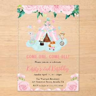 Watercolor Floral Pink Circus Animals Birthday Acrylic Invitations