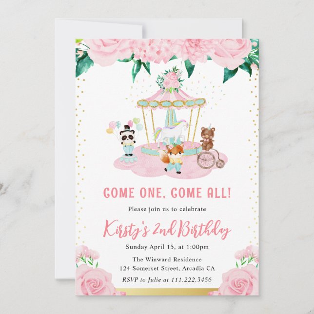 Watercolor Floral Pink Circus Animals Birthday Invitation (Front)