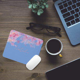 Watercolor floral pink coral blue name mouse pad