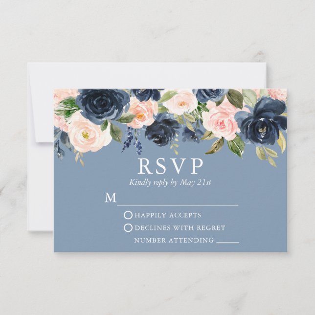 Watercolor Floral Pink Dusty Blue Wedding RSVP Card (Front)