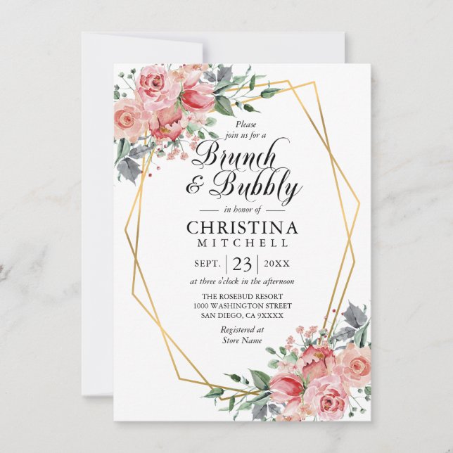 Watercolor Floral Pink Dusty Rose Brunch Bubbly Invitation (Front)
