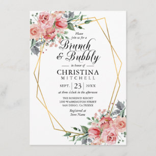 Watercolor Floral Pink Dusty Rose Brunch Bubbly Invitation