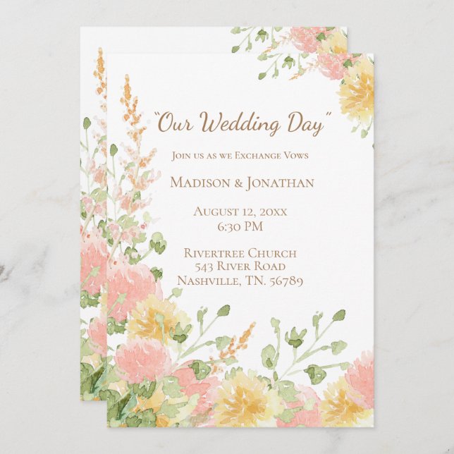 Watercolor Floral Pink Elegant Chic Brown Script Invitation (Front/Back)