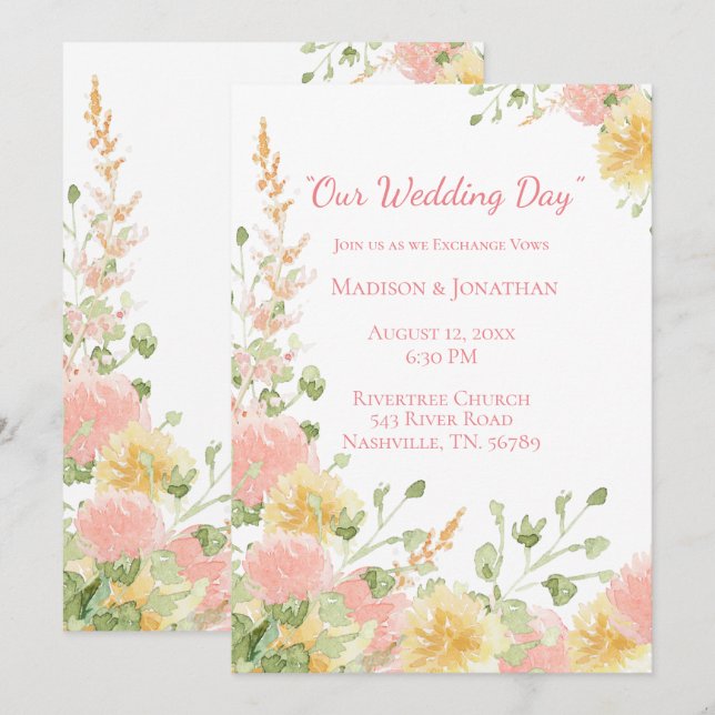 Watercolor Floral Pink Elegant Chic Script Invitation (Front/Back)