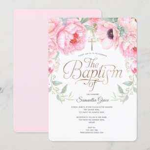 Watercolor Floral, Pink, Elegant Girl Baptism Invitation