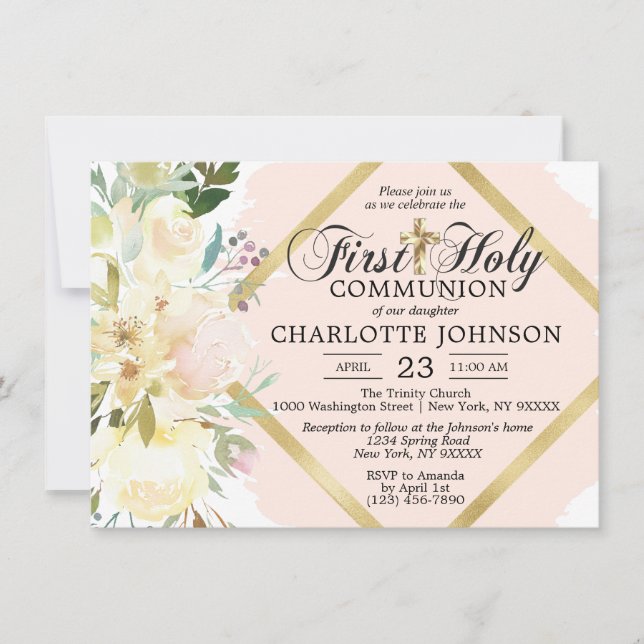 Watercolor Floral Pink Girl First Holy Communion Invitation (Front)