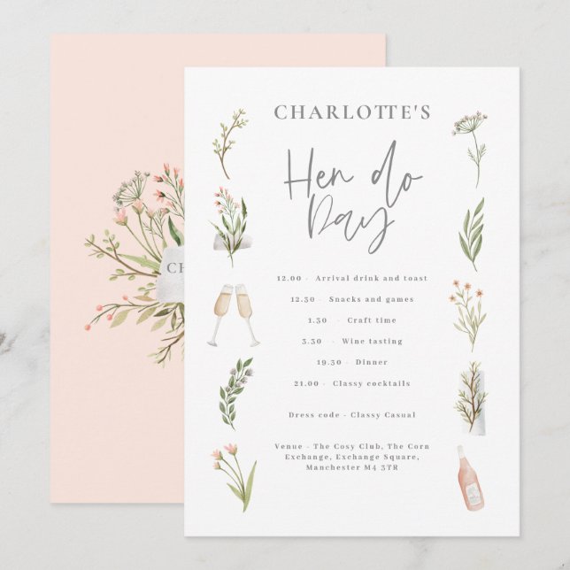 Watercolor floral pink girly hen do day itinerary (Front/Back)