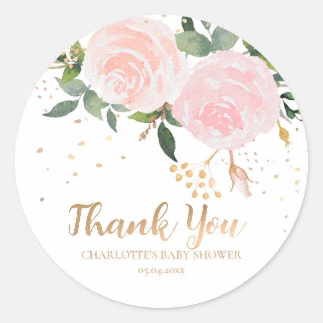 Watercolor Floral Pink Gold Baby Shower Sticker  (Front)
