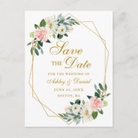 Watercolor Floral Pink Gold Frame Save the Date
