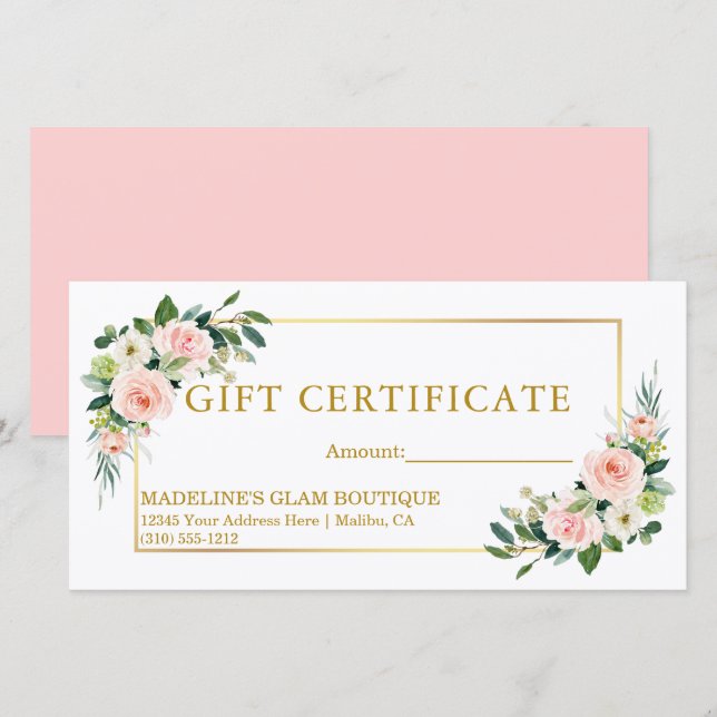 Watercolor Floral Pink Gold Gift Certificate (Front/Back)