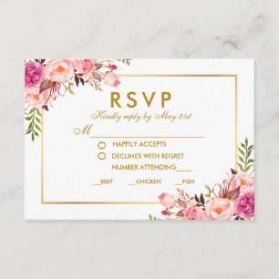 Watercolor Floral Pink Gold RSVP Wedding Meal Card
