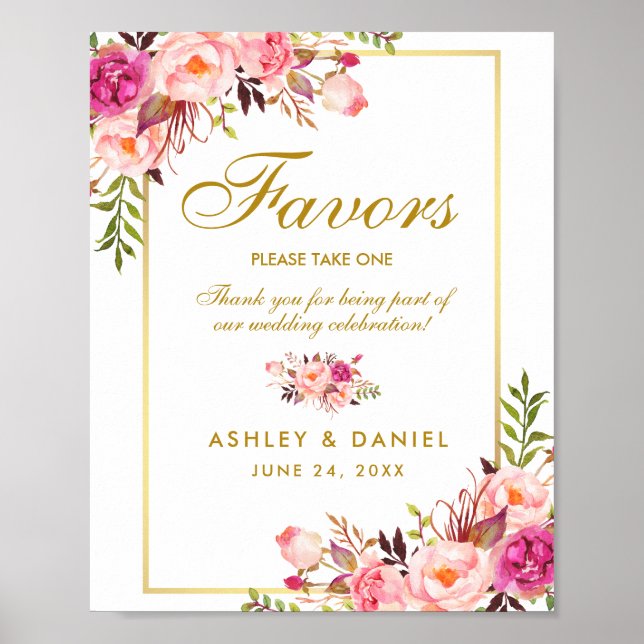 Watercolor Floral Pink Gold Wedding Favours Poster (Front)